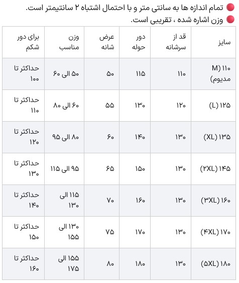 عکس جدول سایزبندی استاندار حوله تن پوش در ایران